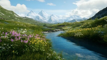 A photo of a serene alpine valley with wildflowers, a clear blue stream, and snow-capped mountains in the distance.