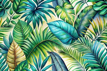 Tropical Palm Leaves Seamless Pattern: Watercolor Macro Photography