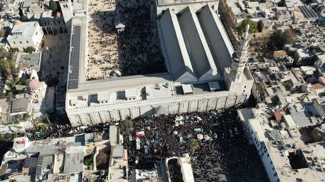 Aerial view of the historical Umayyad Mosque in Damascus. 