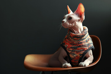 Side profile of a Sphynx cat in a knitted vest with geometric patterns, sitting on a mid-century modern chair.
