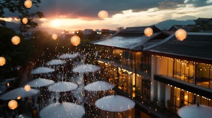 Evening celebration with string lights illuminating a courtyard in a vibrant cityscape at sunset