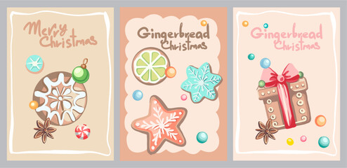 A set of three fully editable posters for the New Year holidays. Digital illustrations in flat cartoon style in pastel colors with a frame on the theme of Gingerbread Christmas