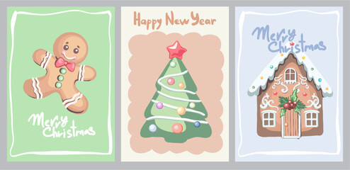 A set of three fully editable posters for the New Year holidays. Digital illustrations in flat cartoon style in pastel colors with a frame on the theme of Gingerbread Christmas