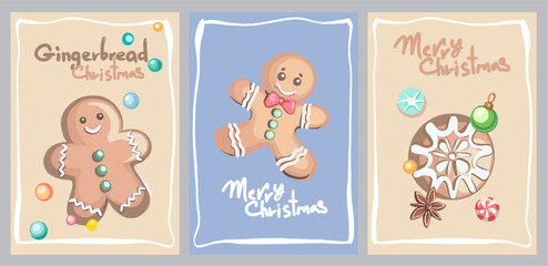 A set of three fully editable posters for the New Year holidays. Digital illustrations in flat cartoon style in pastel colors with a frame on the theme of Gingerbread Christmas