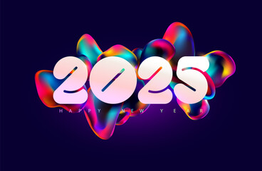 New year 2025. Colorful greeting card design with white numbers and iridescent bubbles. Multicolor numbering design.