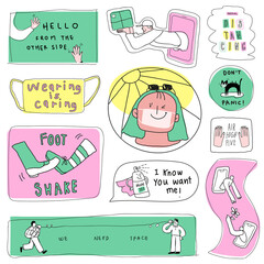 Obraz premium COVID-19 new normal lifestyle png cute doodle sticker collection