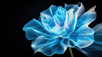 A mesmerizing abstract digital fractal flower in shades of blue is showcased against a sleek black background, giving the impression of depth and movement through its intricate patterns and shapes.