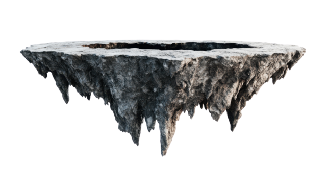 Floating Rock Formation Overlooking Abyss with Textured Surface and Jagged Edges, Perfect for Fantasy Environments and Artistic Renderings in Digital Media
