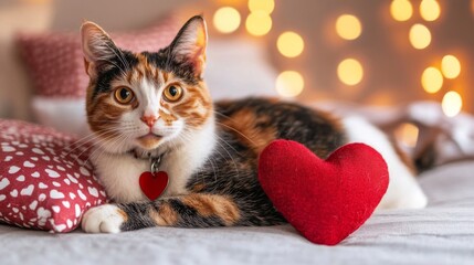 Calico Cat Posing with Red Heart on Bed