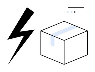 Black electricity bolt beside a white, sealed shipping box on the right. Above, lines and dots. Ideal for shipping, logistics, speed, power, packaging, delivery services, and minimalist designs. Line