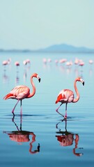 Romantic moment of two flamingos forming a heart shape with their necks