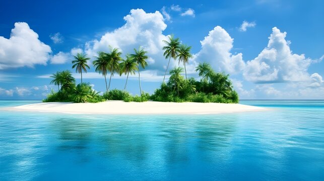 A photo of a remote tropical island with white sandy beaches, lush green palms, and coral reefs visible in the turquoise sea. 