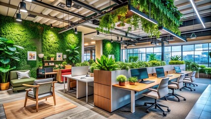 Fototapeta premium Modern Business Office Interior Design with Green Plants Enhancing Productivity and Comfort in a Nature-Inspired Workspace