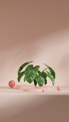 scene mockup pink color curved cylinder podium in portrait spheres in backdrop, rendering 3d