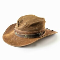Classic outback style bush hat made of brown leather and canvas, featuring ventilation holes and a leather band, isolated on a white background