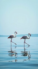 Romantic moment of two flamingos forming a heart shape with their necks