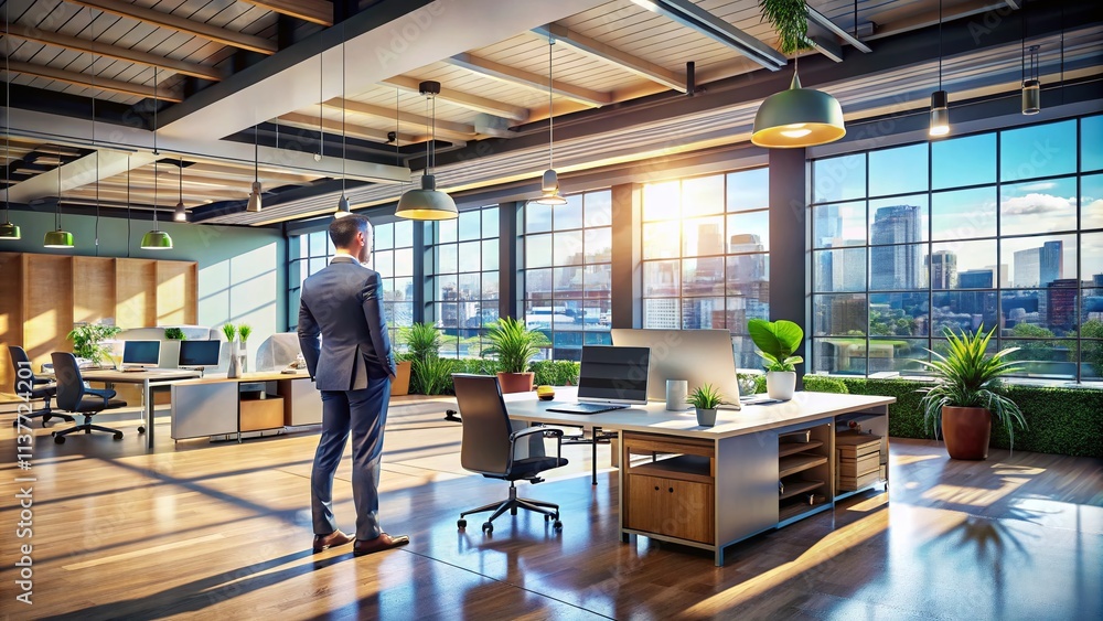 Poster modern customer standing in a spacious open office with a realistic 3d perspective, showcasing an in