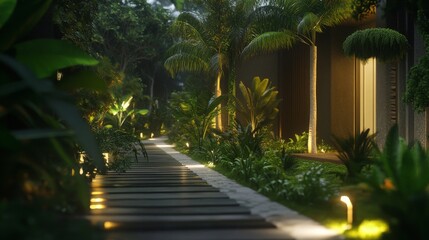 A garden path at night, illuminated with warm white LED lights.