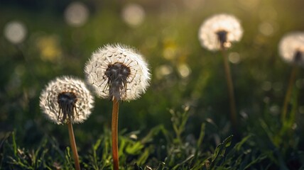 Dandelion plant. Matural, Blurred background. White fluffy dandelions, natural green blurred spring background, selective focus.