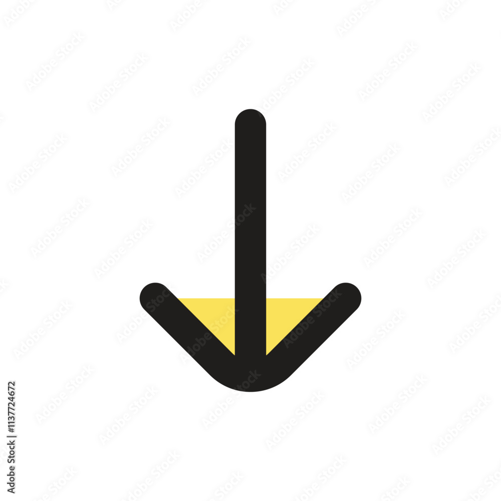Poster a simple downward pointing arrow icon in black and yellow for digital interfaces.