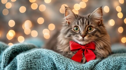 Festive Longhaired Cat Wearing a Red Bow