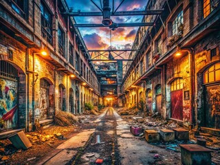 Naklejka premium Urban Exploration Photography Backgrounds: Grungy Cityscapes, Abandoned Buildings, Industrial Ruins, Dark Alleyways, Graffiti Art