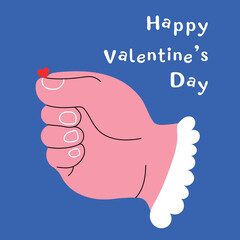 Giant hand holding tiny little heart on a blue background. Hand drawn Vector illustration for Valentine's Day. Love, assistance, acceptance, romance. Design, print template.