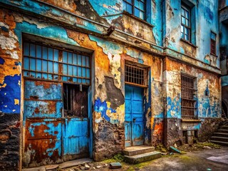 Naklejka premium Urban Exploration Photography: Blue Texture Background - Abandoned Building, Decay, Graffiti, Industrial, Cityscape, Rust, Grunge, Dark, Mysterious, Weathered, Concrete