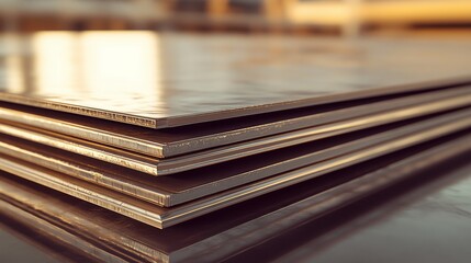 Stack of metal sheets reflecting light in a factory