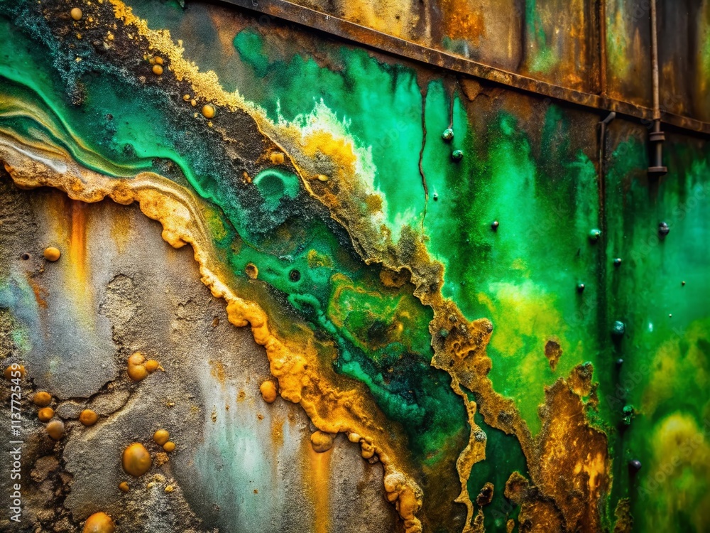 Poster urban exploration photography featuring green and gold abstract fluid art in an urban setting with t