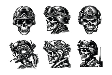 set of hand drawn Military soldier skull head with helmet fighter warrior black and white vector illustration