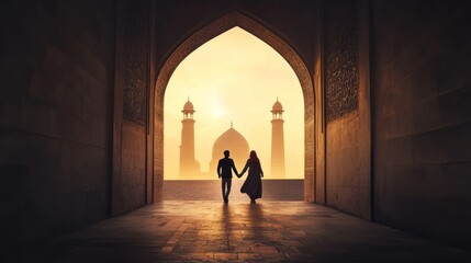 Muslim spiritual background featuring a female and male silhouettes passing through an archway symbolizing transition between the physical and spiritual realms. Islamic religious motion graphics.