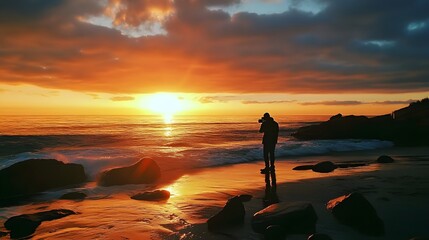 A photo of a photographer capturing a sunset shot with a professional camera.
