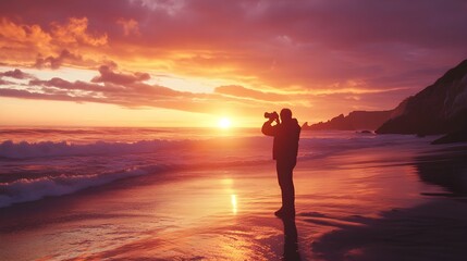 A photo of a photographer capturing a sunset shot with a professional camera.