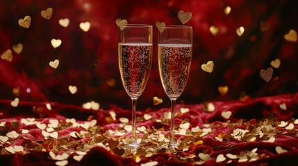 Two Champagne Flutes Amidst Golden Hearts on Red Velvet