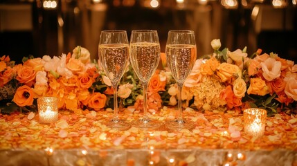 Three Champagne Flutes Amidst Orange Roses and Petals