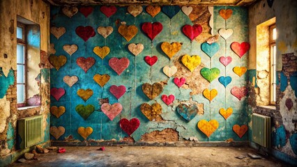 Obraz premium Urban Exploration Wallpaper: Repeating Colored Hearts Background - Abstract Texture