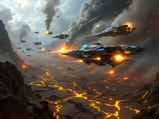 Epic Space Battle Over Volcanic Planet with Futuristic Warships