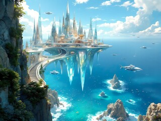 Floating Island City Above Oceanic World with Skyward Cityscape