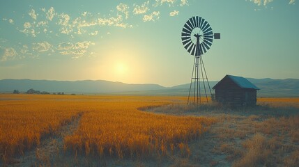 Golden Field at Sunset with Mountains in Distance