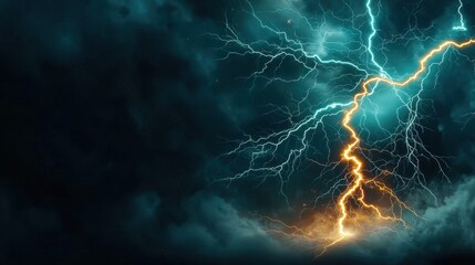 Obraz premium An abstract composition of swirling cyan lightning bolts merging with vibrant electrical plasma against a dark background, creating a mesmerizing display of energy and power.