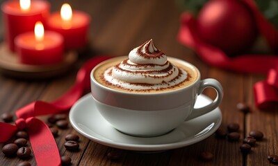 Fototapeta premium Melange coffee invites you to savor its creamy richness, beautifully topped with swirls of frothy cream. Warm candlelight and festive decor enhance the cozy vibe.