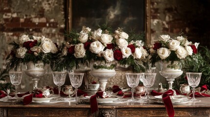 Elegant Christmas Table Setting With White And Red Roses