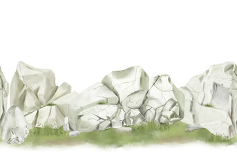 Stone border made of boulders and rock fragments with grass and bushes, seamless border. Watercolor digital illustration. Ridge of stones on a meadow for landscape, isolated on white background. © Elena