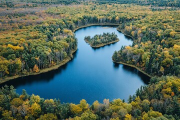 Aerial view of a winding blue river through a forest with vibrant green and yellow trees. AI generated illustration