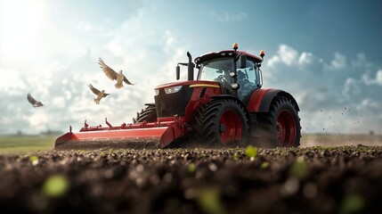 Fototapeta premium Tractor plowing a field under the bright sky with birds flying in the background during a sunny day