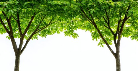 Obraz premium PM 2.5 fine dust concept. Two lush green trees frame a blank white background, creating a serene and peaceful atmosphere ideal for nature themes.