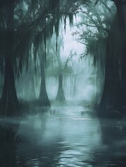A photo of a misty swamp with cypress trees rising from still water, and hanging Spanish moss creating an eerie atmosphere.
