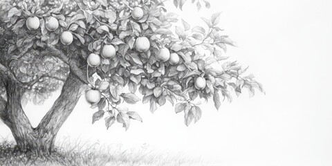Pencil Drawing of an Apple Tree with Fruit