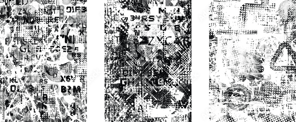 Poster Set of glitch distorted grunge overlay textures. Collection of overlaying textures with halftone dots, scratches and lines .Screen print vector layers pack. Overlays with grunge textured surface
